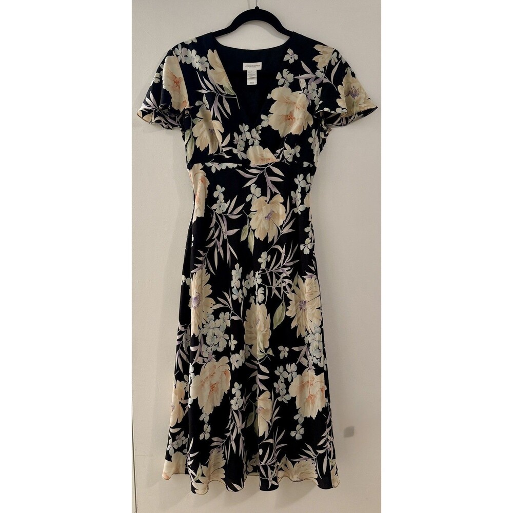LIZ CLAIBORNE Womens Dress 100% Silk Size 4 Short Sleeve Floral Black Vintage